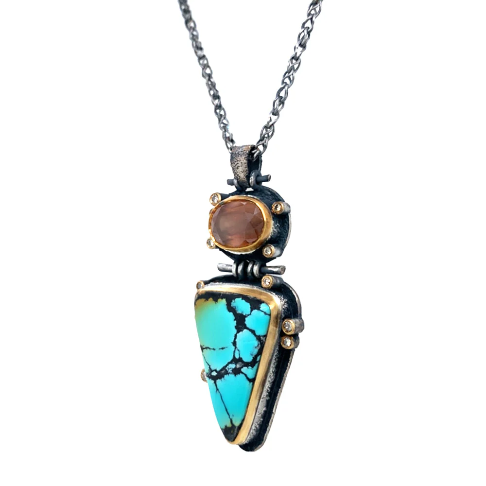 Turquoise, Cassiterite, & Diamond Necklace - "Western Sky" - Image 4