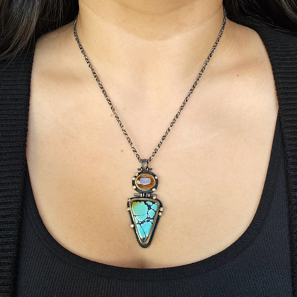 Turquoise, Cassiterite, & Diamond Necklace - "Western Sky" - Image 6