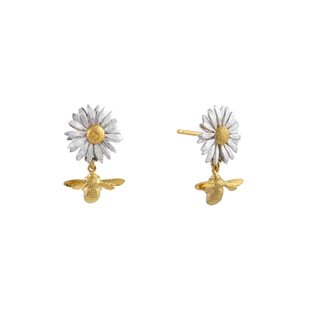 Sterling Silver & Gold Vermeil Drop Earrings - "Daisy with Teeny Tiny Bee Drops" - Image 3