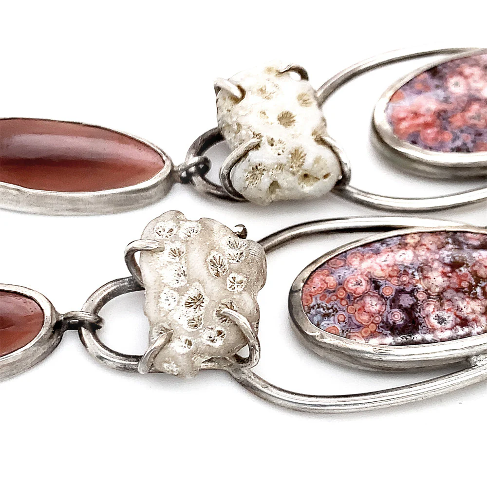 Sterling Silver, Ocean + Imperial Jasper, & Coral Earrings - "Coral Garden" - Image 2