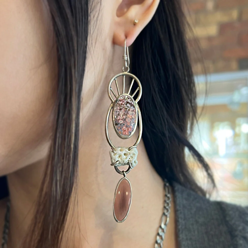 Sterling Silver, Ocean + Imperial Jasper, & Coral Earrings - "Coral Garden" - Image 3