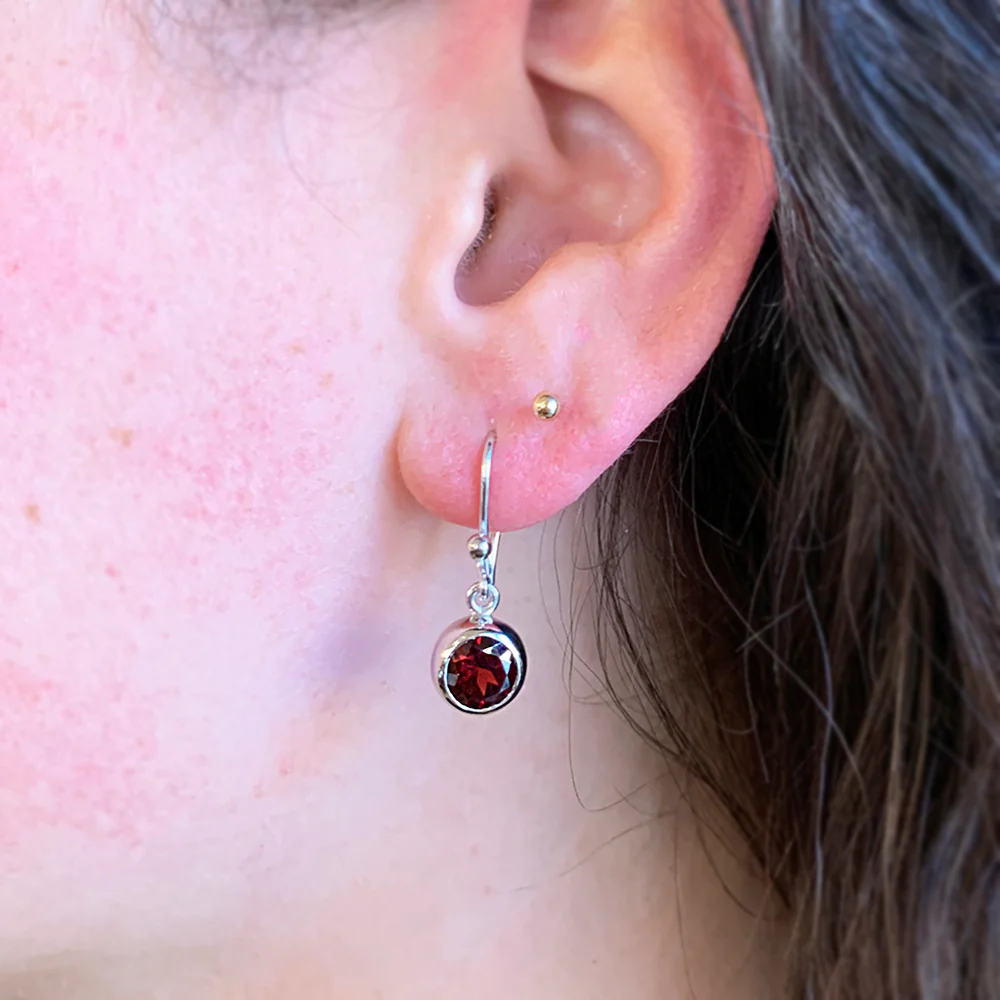 Sterling Silver & Round Garnet Earrings - "Tasting" - Image 3