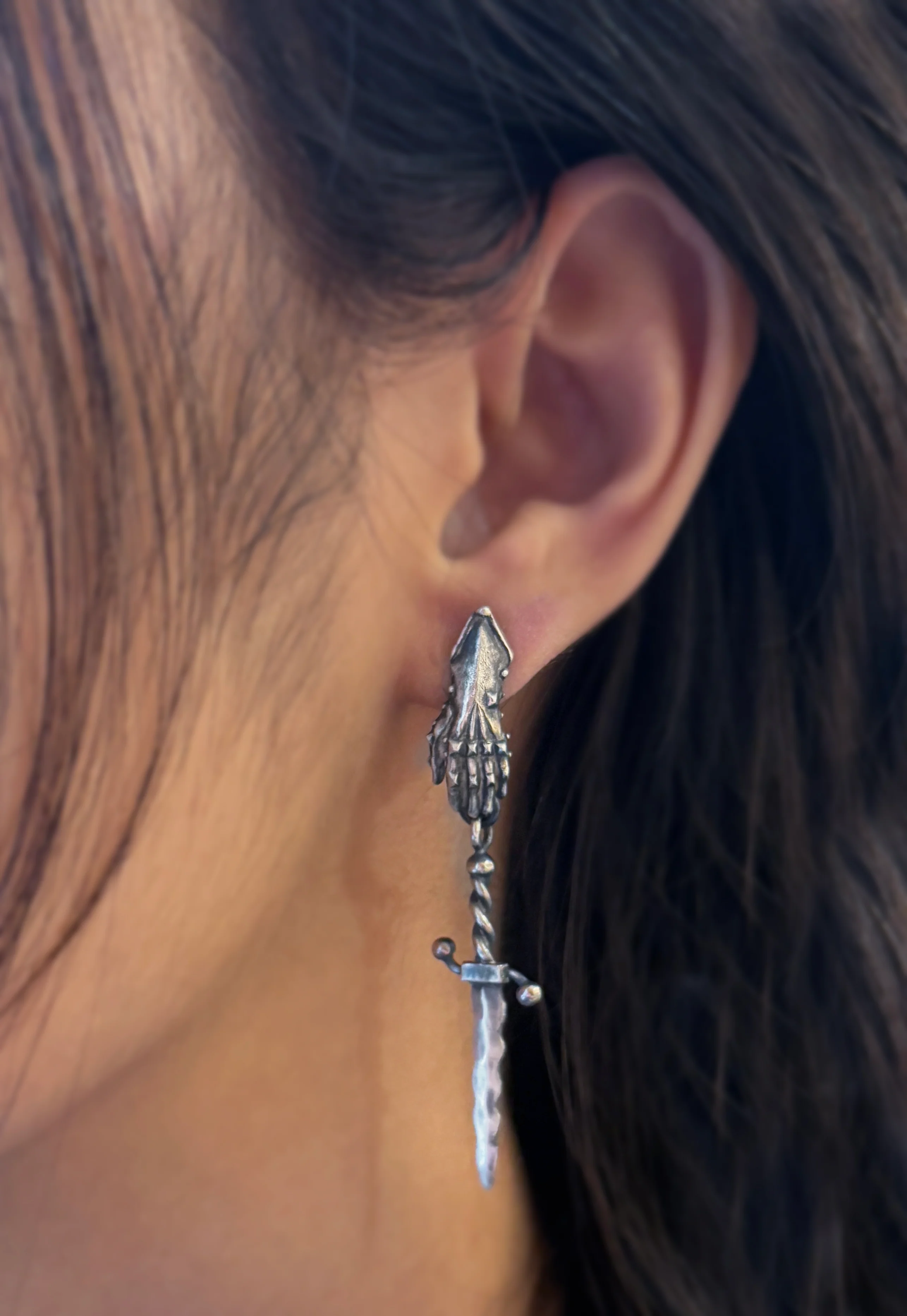 Sterling Silver Single Drop Earring - "Gauntlet & Wavy Dagger" - Image 3