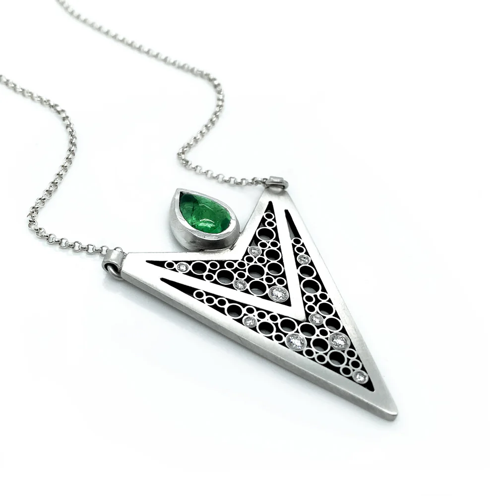 One-of-a-Kind Sterling Silver & Tsavorite Necklace - "Luz Triple V" - Image 3