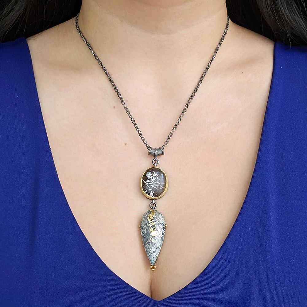 Sterling Silver, Yellow Gold & Opal Necklace - "Dragons Egg" - Image 7
