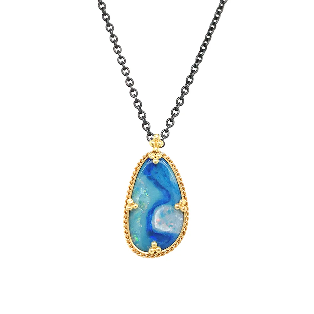 Australian Opal Doublet, Silver & Gold Necklace - "Electric Waters" - Image 3