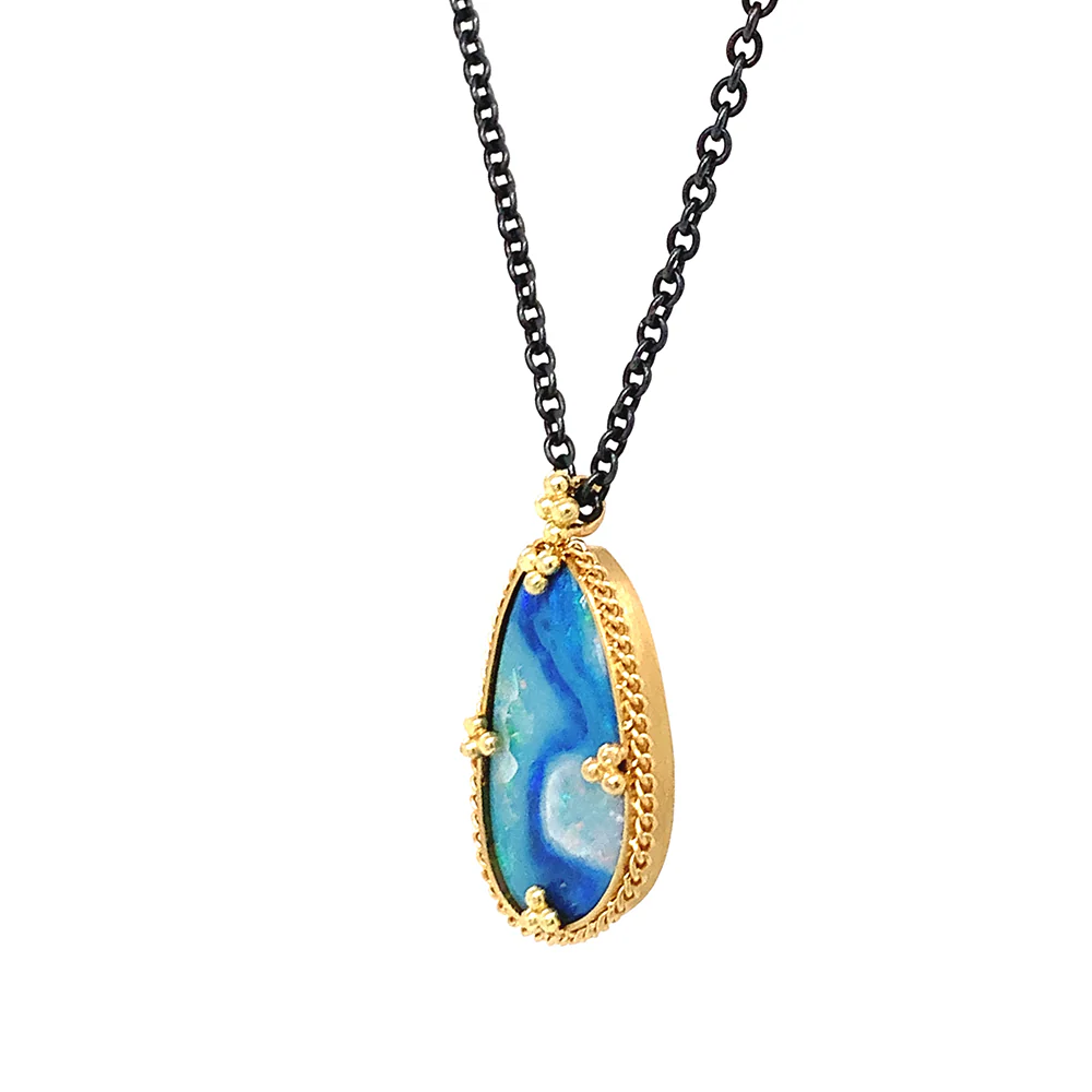 Australian Opal Doublet, Silver & Gold Necklace - "Electric Waters" - Image 4