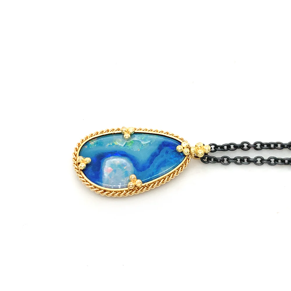 Australian Opal Doublet, Silver & Gold Necklace - "Electric Waters" - Image 5