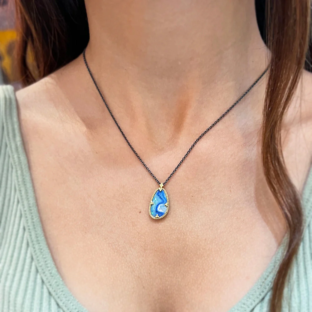 Australian Opal Doublet, Silver & Gold Necklace - "Electric Waters" - Image 6