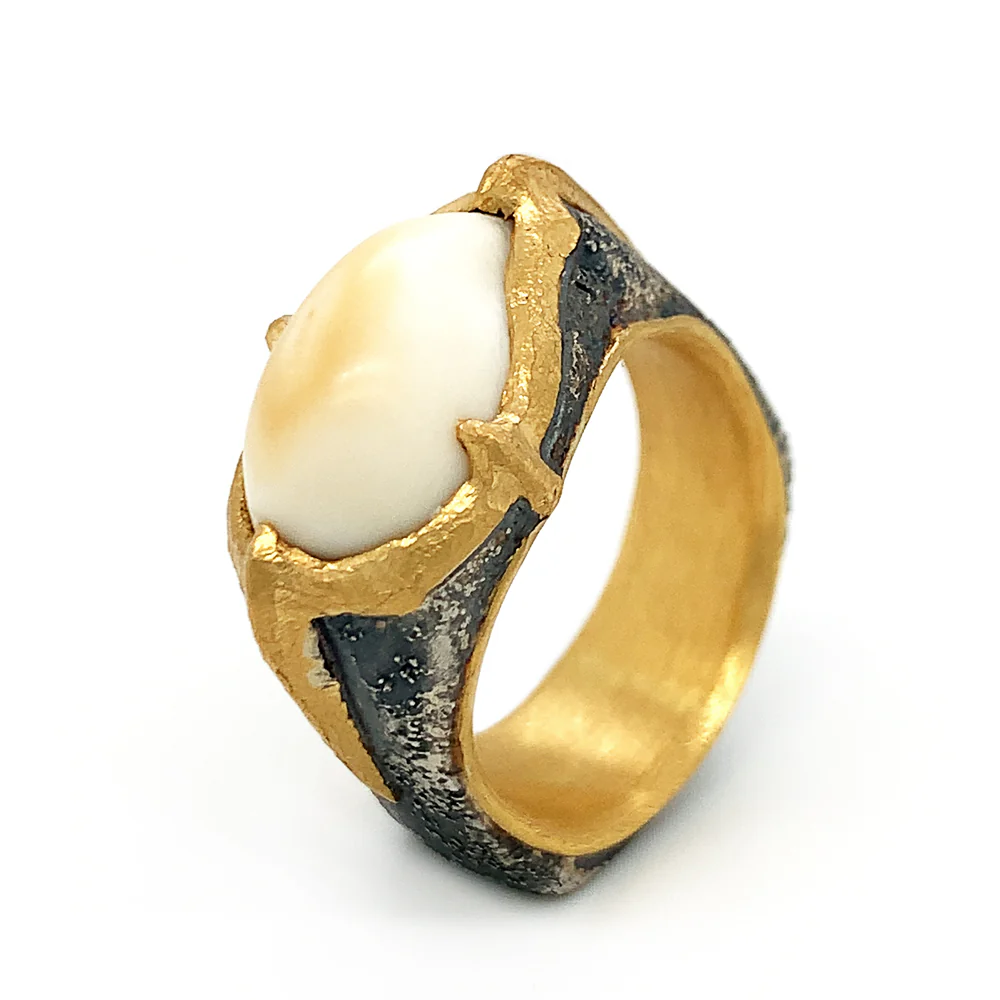 Sterling Silver & Yellow Gold Elk Ivory Ring - "Forest King"
