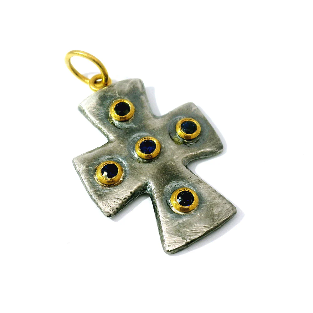 Blue Sapphire Cross Pendant - "Byzantine"