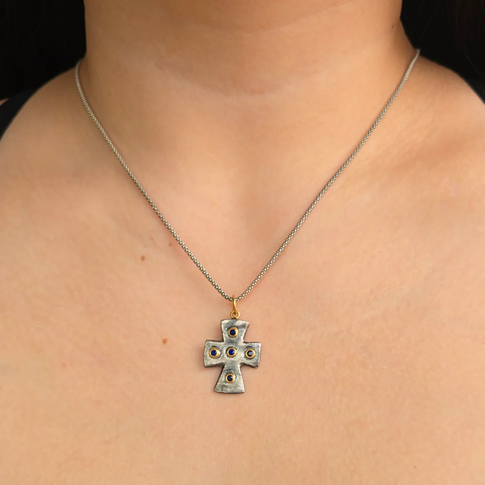 Blue Sapphire Cross Pendant - "Byzantine" - Image 4