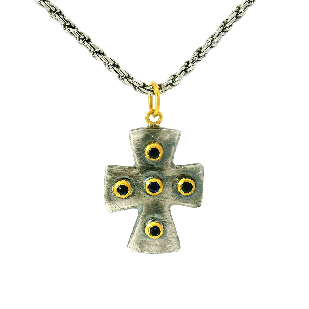 Blue Sapphire Cross Pendant - "Byzantine" - Image 5