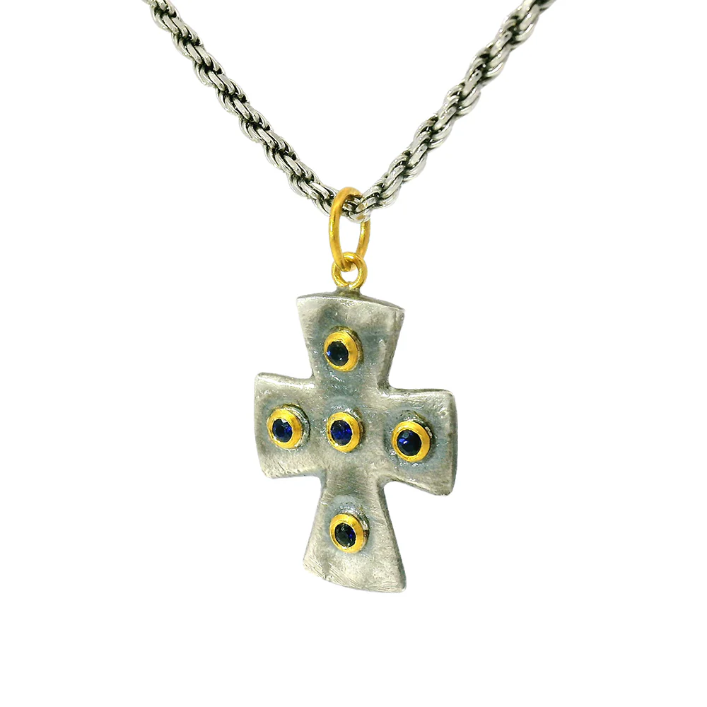 Blue Sapphire Cross Pendant - "Byzantine" - Image 6