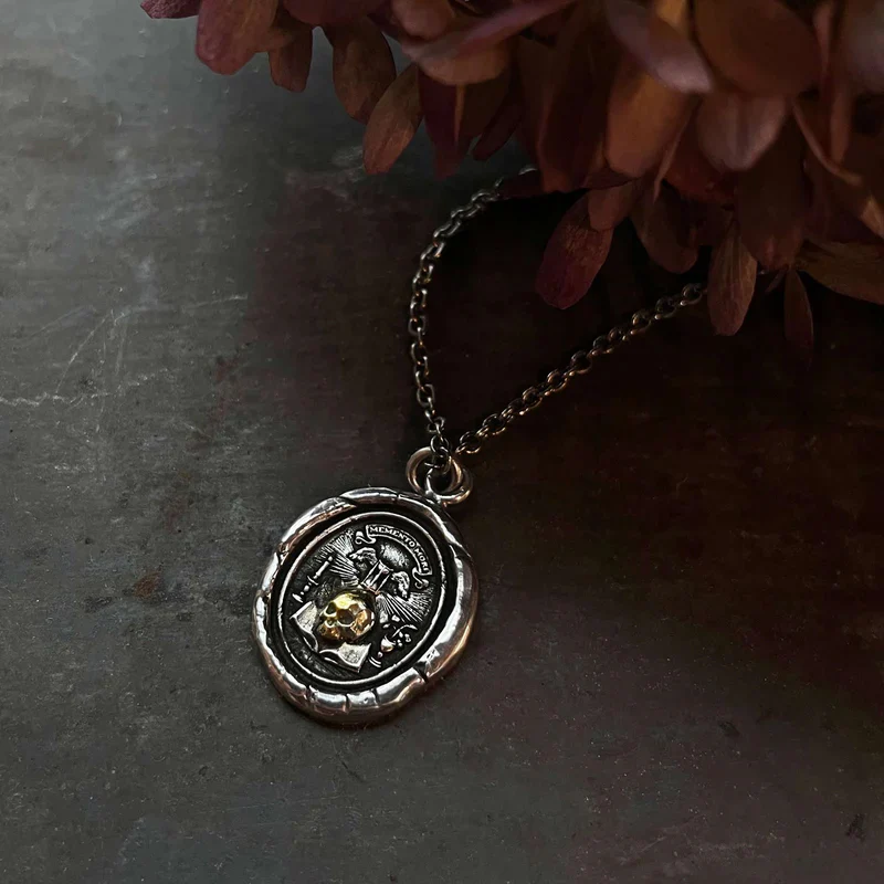 Sterling Silver & Yellow Gold Skull Talisman Necklace - "Memento Mori" - Image 2