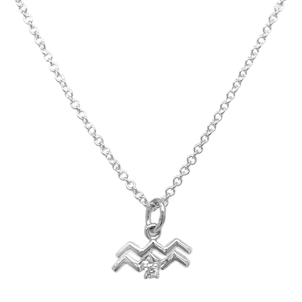 Sterling Silver & Diamond Zodiac Necklace - "Aquarius" - Image 2