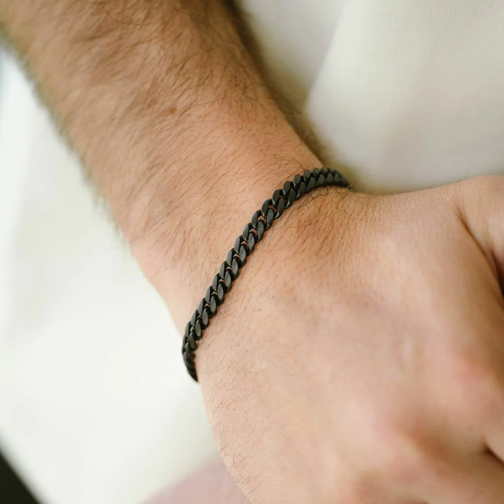 Matte Black-Plated Stainless Steel Curb Link Bracelet - "Svelte Stephen" - Image 2