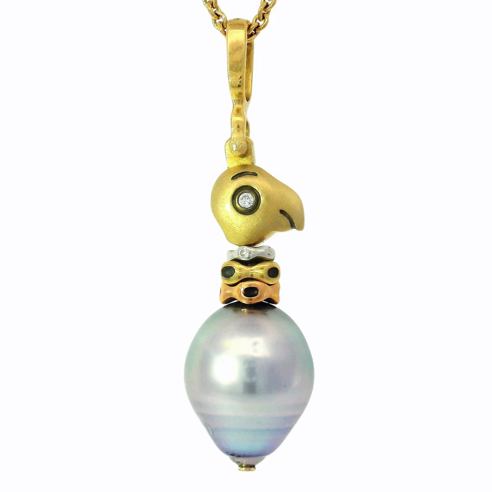 Tahitian Pearl & Multi-Tone Gold Pendant - "Fable Animals & Strange Characters" - Image 2