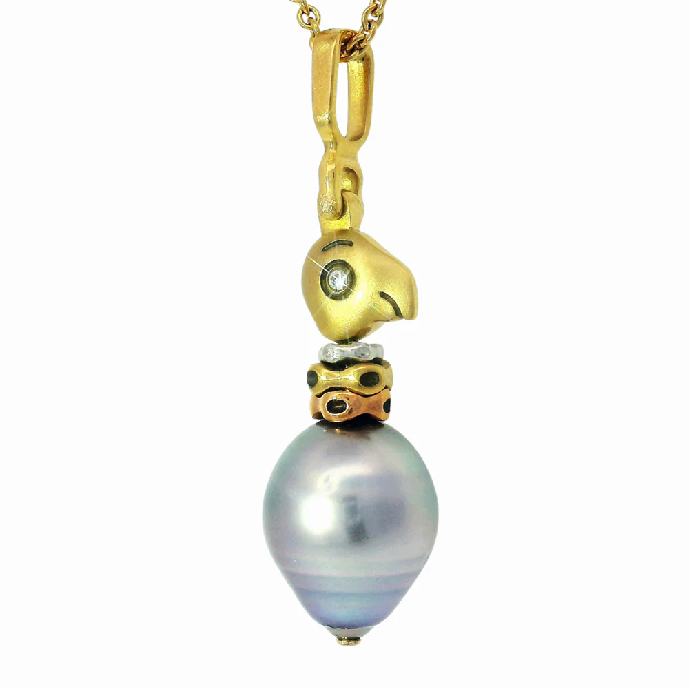 Tahitian Pearl & Multi-Tone Gold Pendant - "Fable Animals & Strange Characters" - Image 3