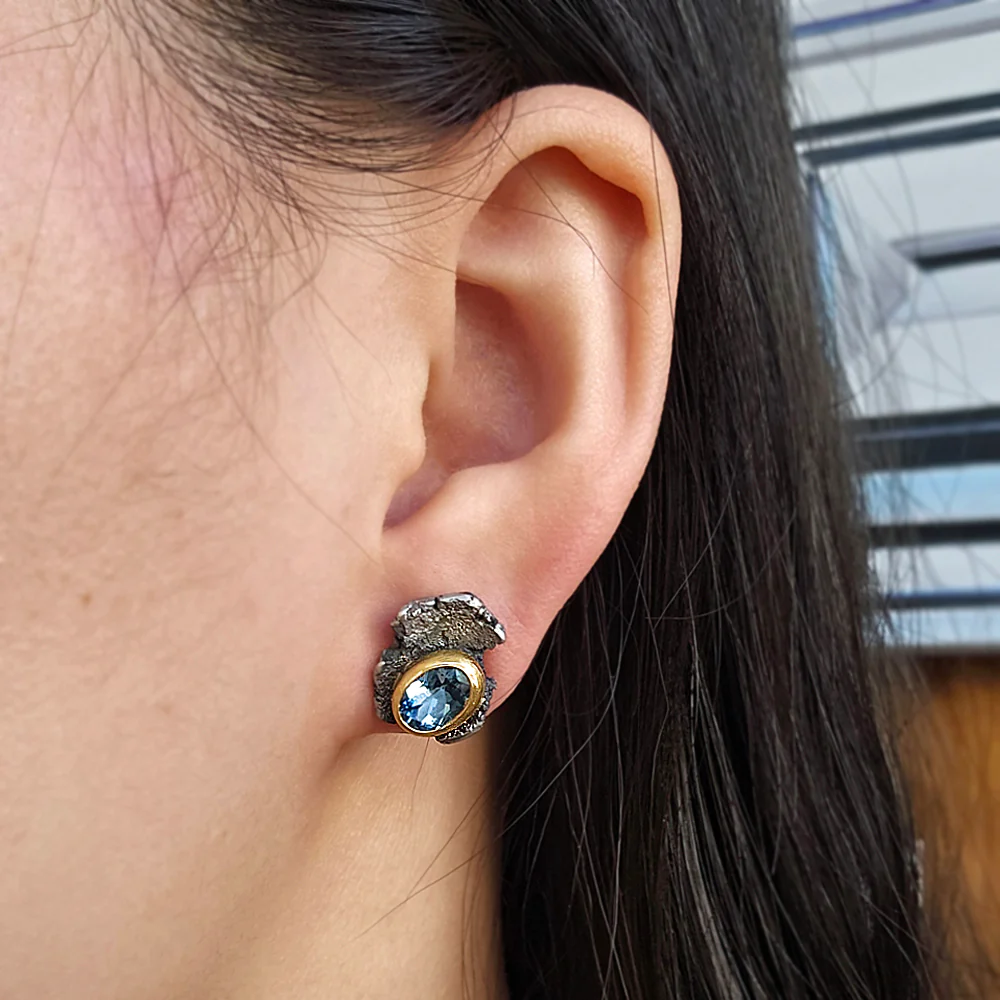 Blue Topaz Sterling Silver & Gold Stud Earrings - "Talentum" - Image 4