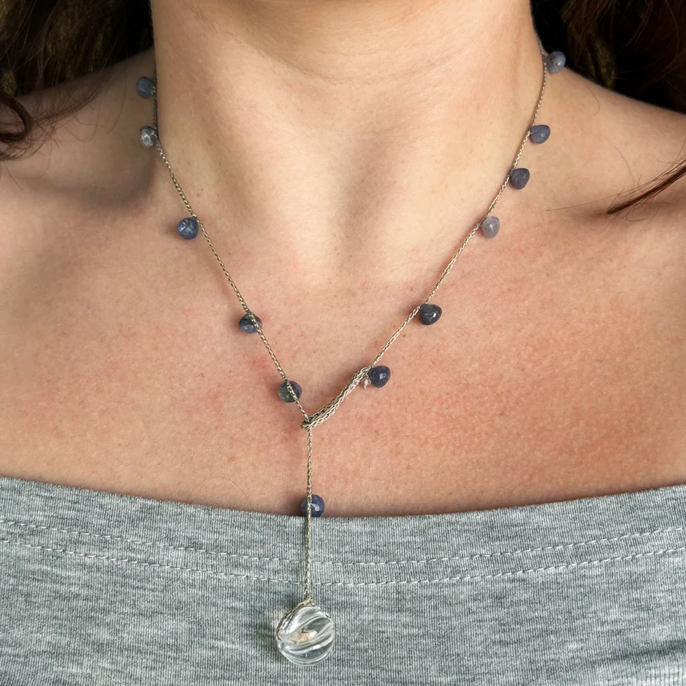 Tanzanite Briolette & Carved Rock Crystal Crocheted Necklace - Image 2