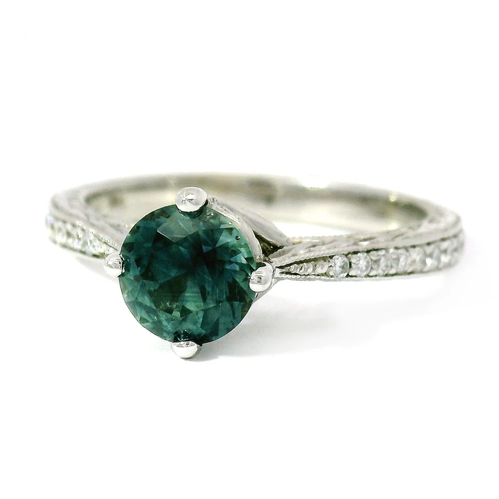 Teal-Blue Montana Sapphire & Diamond Engagement Ring - "Francesca" - Image 4