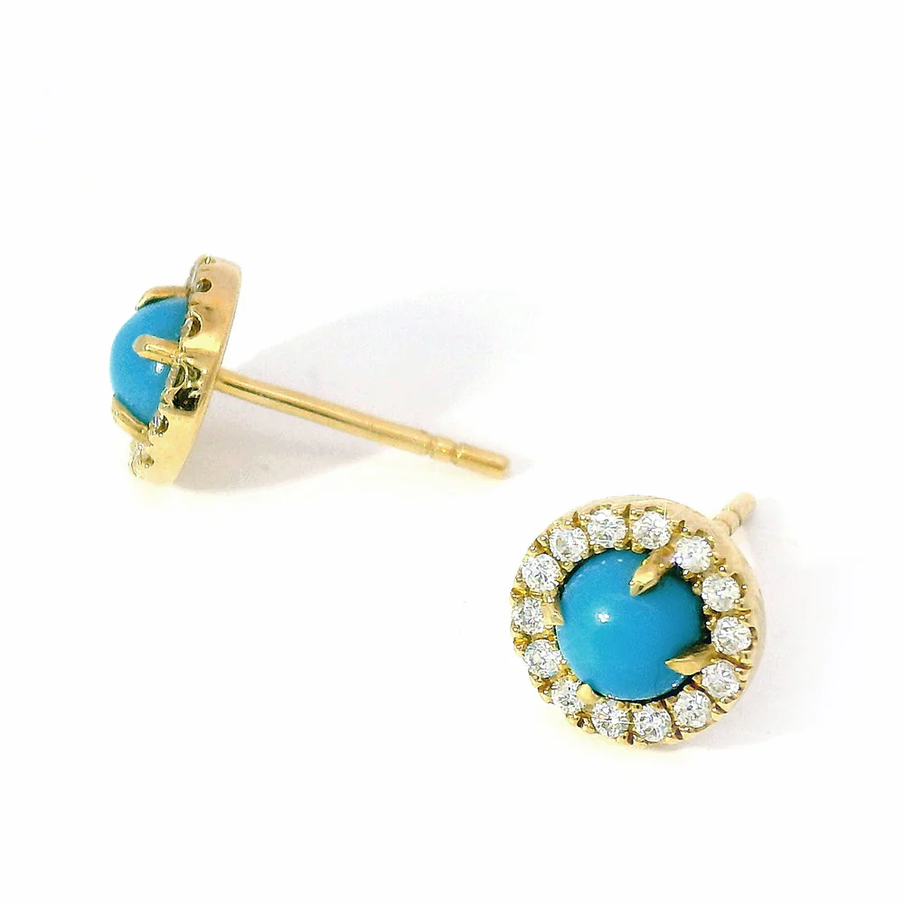Turquoise Cabochon & Diamond Halo Earrings - "Sunlit Waters" - Image 3