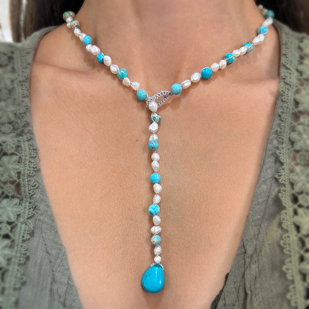 Turquoise, Jasper, & Freshwater Pearl Necklace - "Shoreline" - Image 2