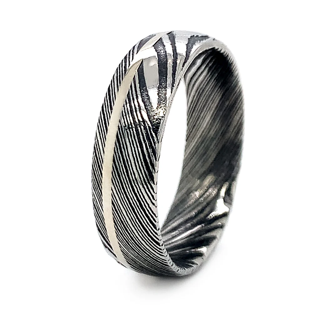 Woodgrain Damascus Steel and White Gold Band - Image 2