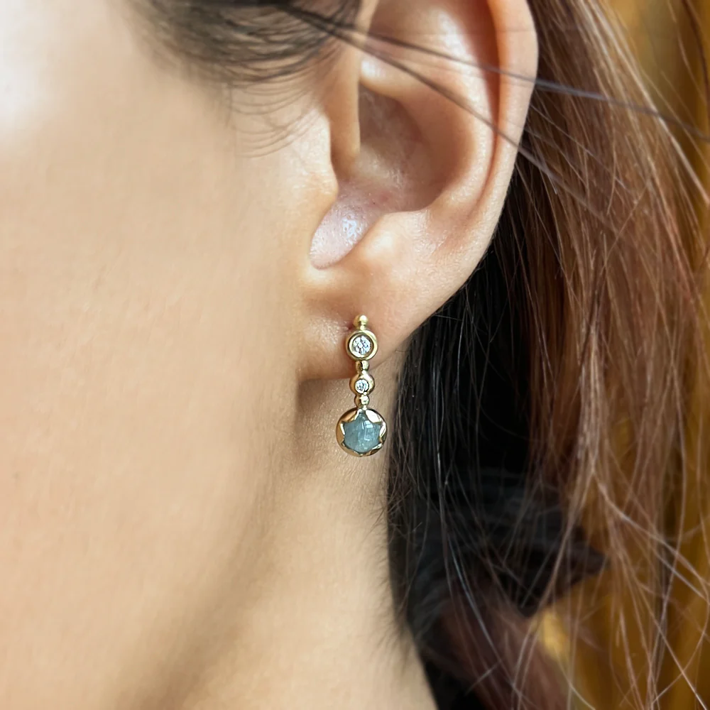 Yellow Gold and Montana Sapphire Cabochon Earrings - "Tide Elixir" - Image 3