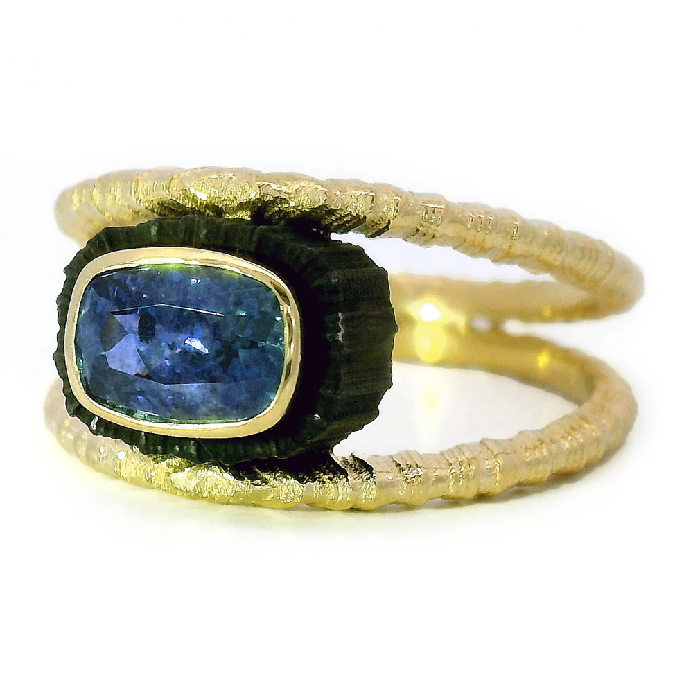 Yellow Gold, Cobalt Chrome, & Blue Montana Sapphire Ring - "Chroma" - Image 3