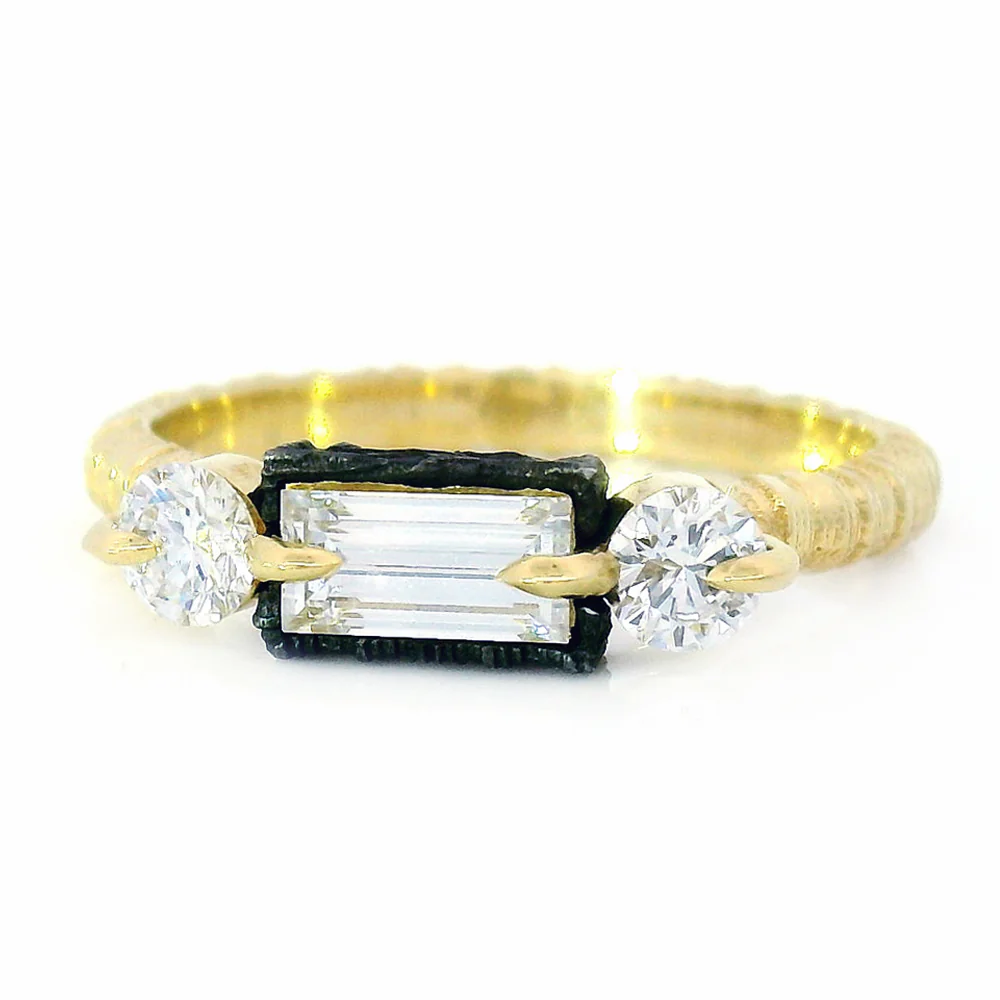 Yellow Gold & Triple Diamond Engagement Ring - "Resonance" - Image 2