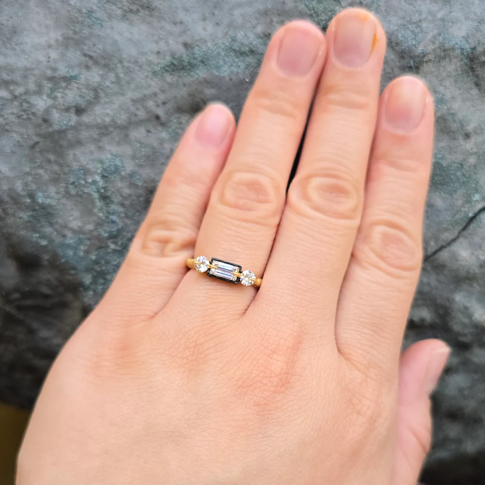 Yellow Gold & Triple Diamond Engagement Ring - "Resonance" - Image 5