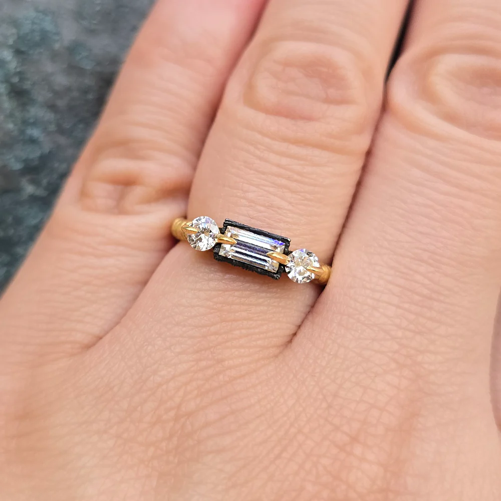 Yellow Gold & Triple Diamond Engagement Ring - "Resonance" - Image 6