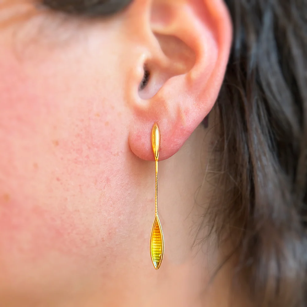 Yellow Gold & Enamel Drop Earrings - "Ebony" - Image 3