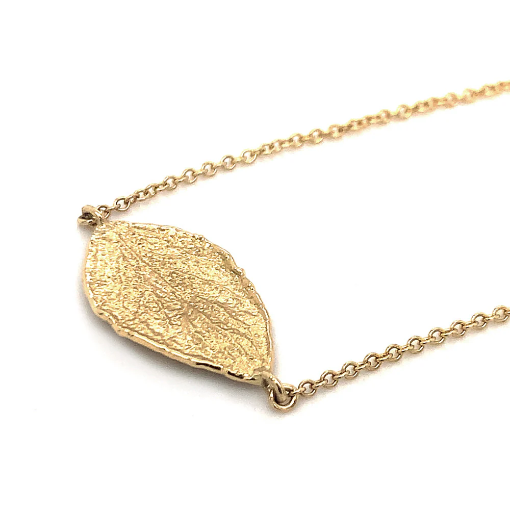 Yellow Gold Small Curled Leaf Necklace - "Hint of Fall" - Image 3