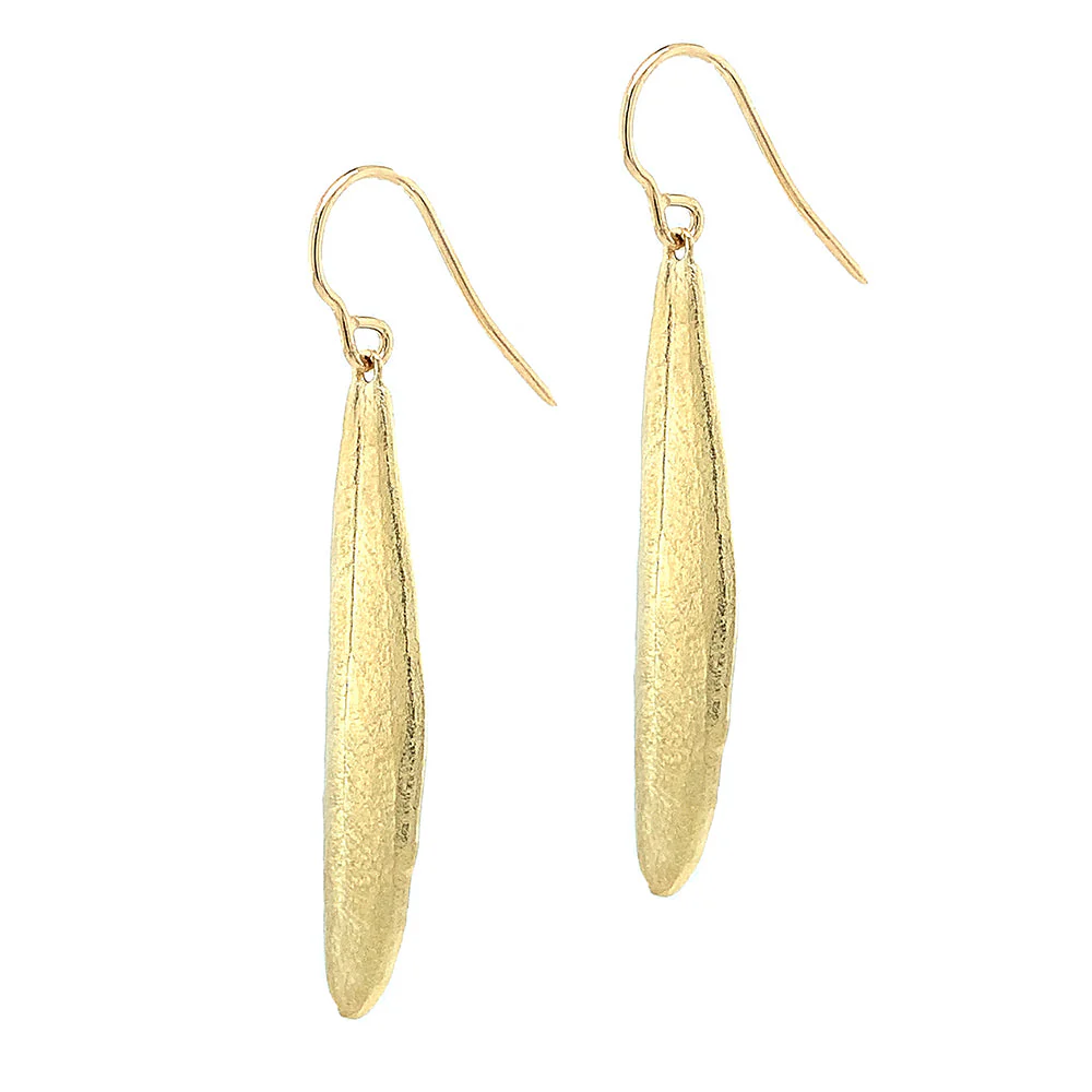 Yellow Gold Leaf Drop Earrings - "Vesta Olive Leaf" - Image 2