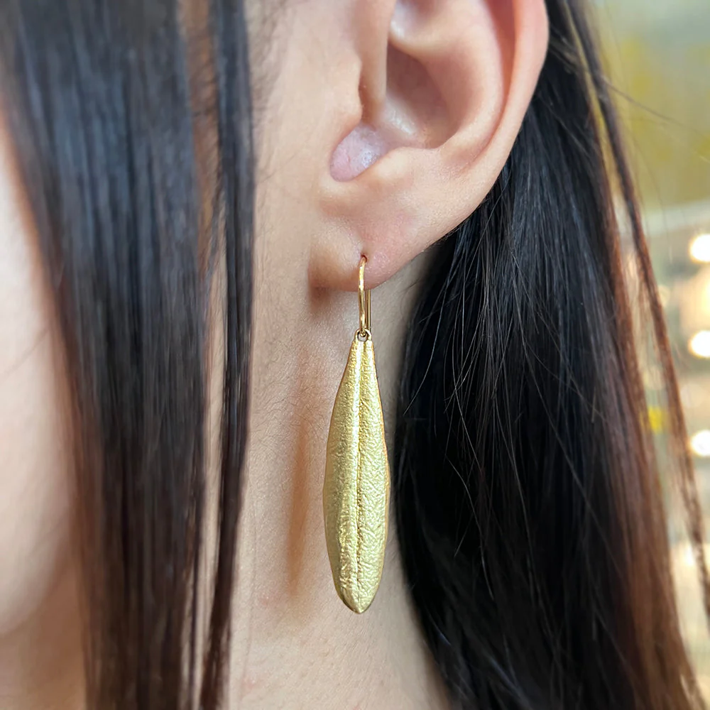 Yellow Gold Leaf Drop Earrings - "Vesta Olive Leaf" - Image 3