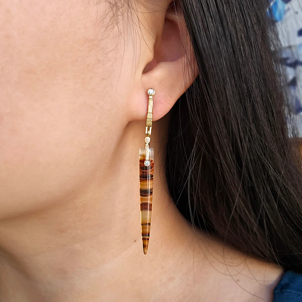 Montana Agate & Diamond Drop Earrings - "Sticks & Stones" - Image 2