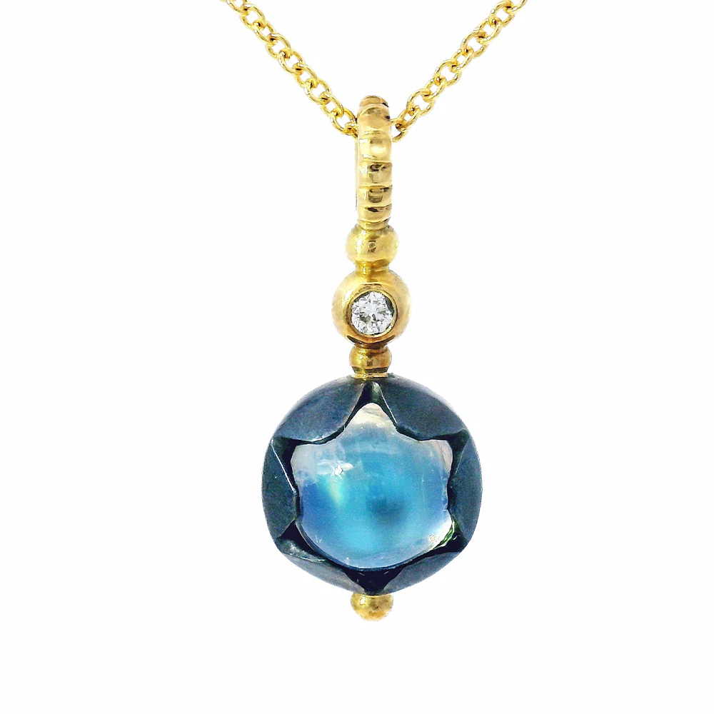 Yellow Gold & Oxidized Silver Rainbow Moonstone Necklace - "Galactic Elixir" - Image 2