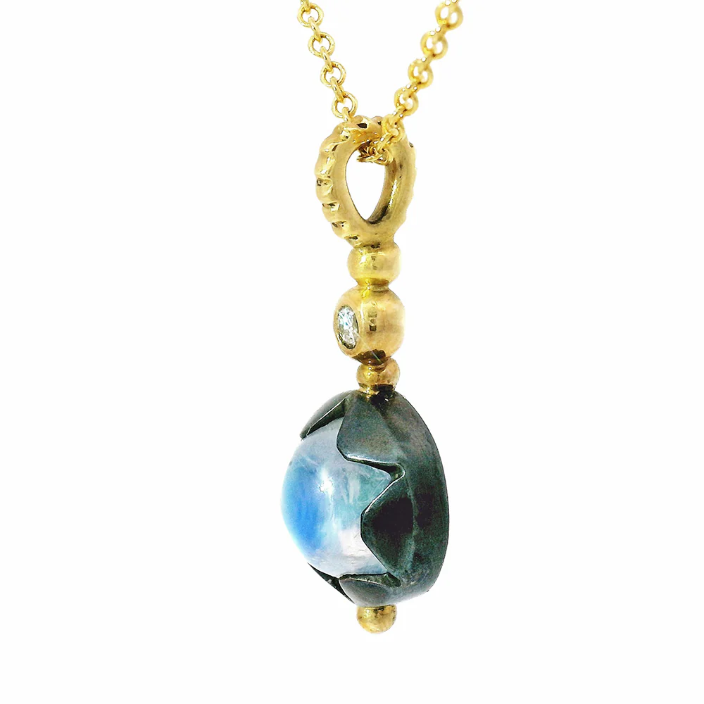 Yellow Gold & Oxidized Silver Rainbow Moonstone Necklace - "Galactic Elixir" - Image 3