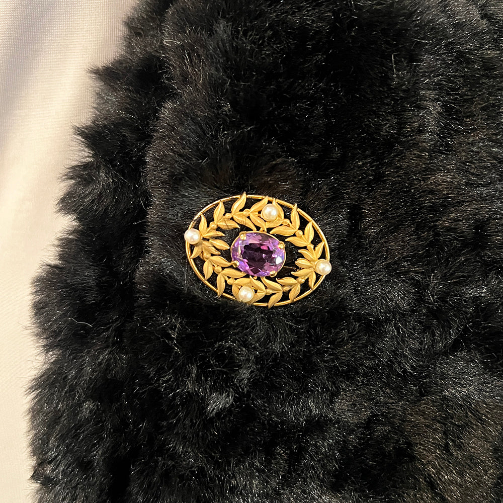 Yellow Gold, Pearl & Amethyst Brooch - "Purple Wreath" - Image 3
