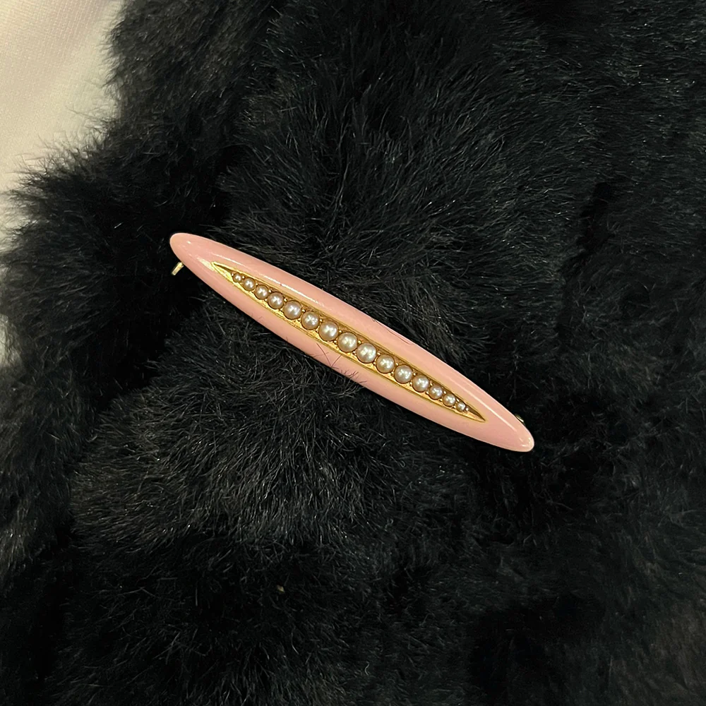 Yellow Gold, Pearl, & Pink Enamel Brooch - Image 3