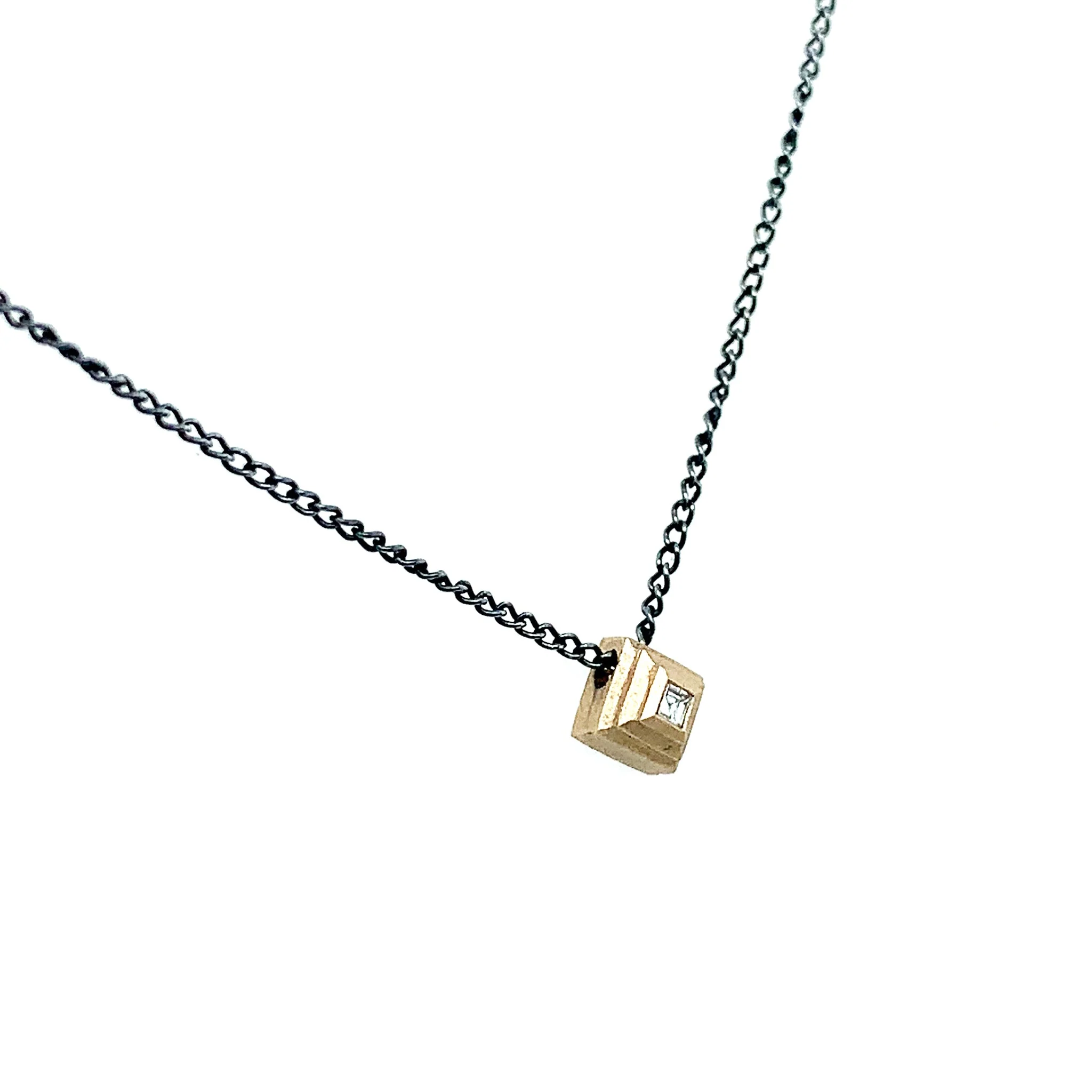 Yellow Gold, Silver & Diamond Necklace - "Tiny Ziggurat" - Image 3