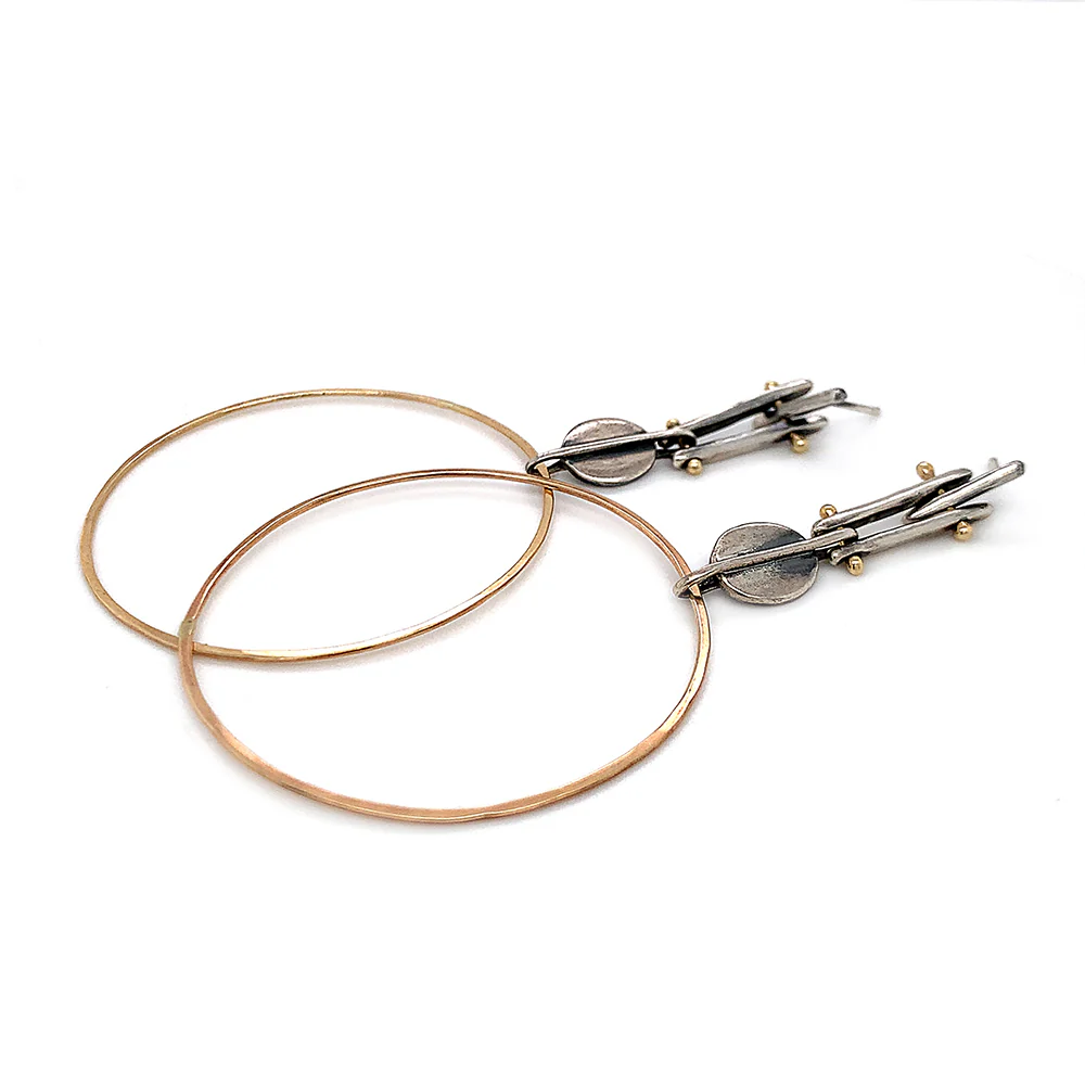 Yellow Gold & Sterling Silver Hoop Earrings - "Desert Deco" - Image 2