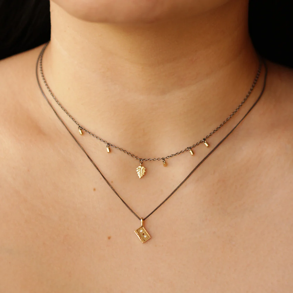 Yellow Gold & Sterling Silver Necklace - "Leaf & Fairy Dust" - Image 2
