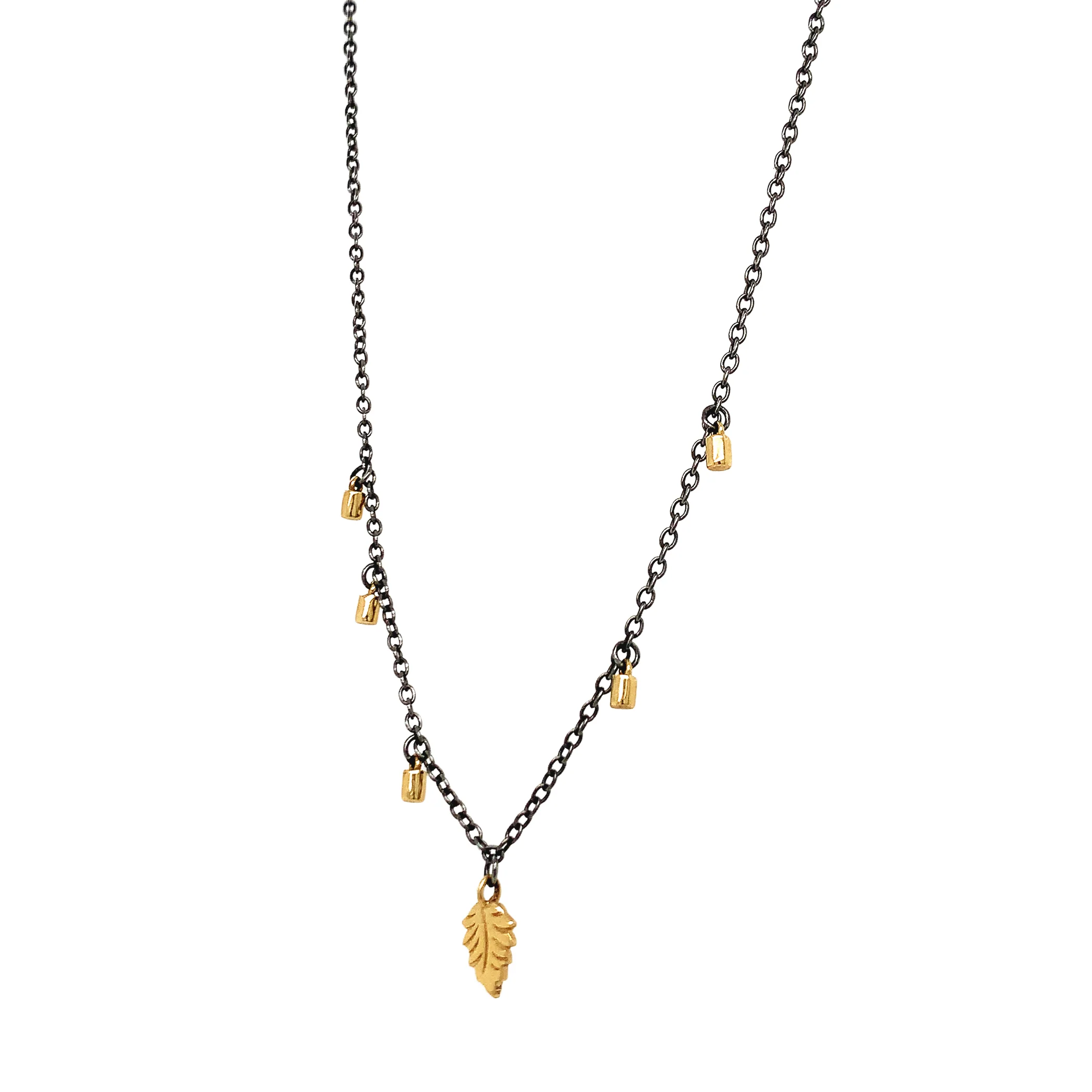 Yellow Gold & Sterling Silver Necklace - "Leaf & Fairy Dust" - Image 3