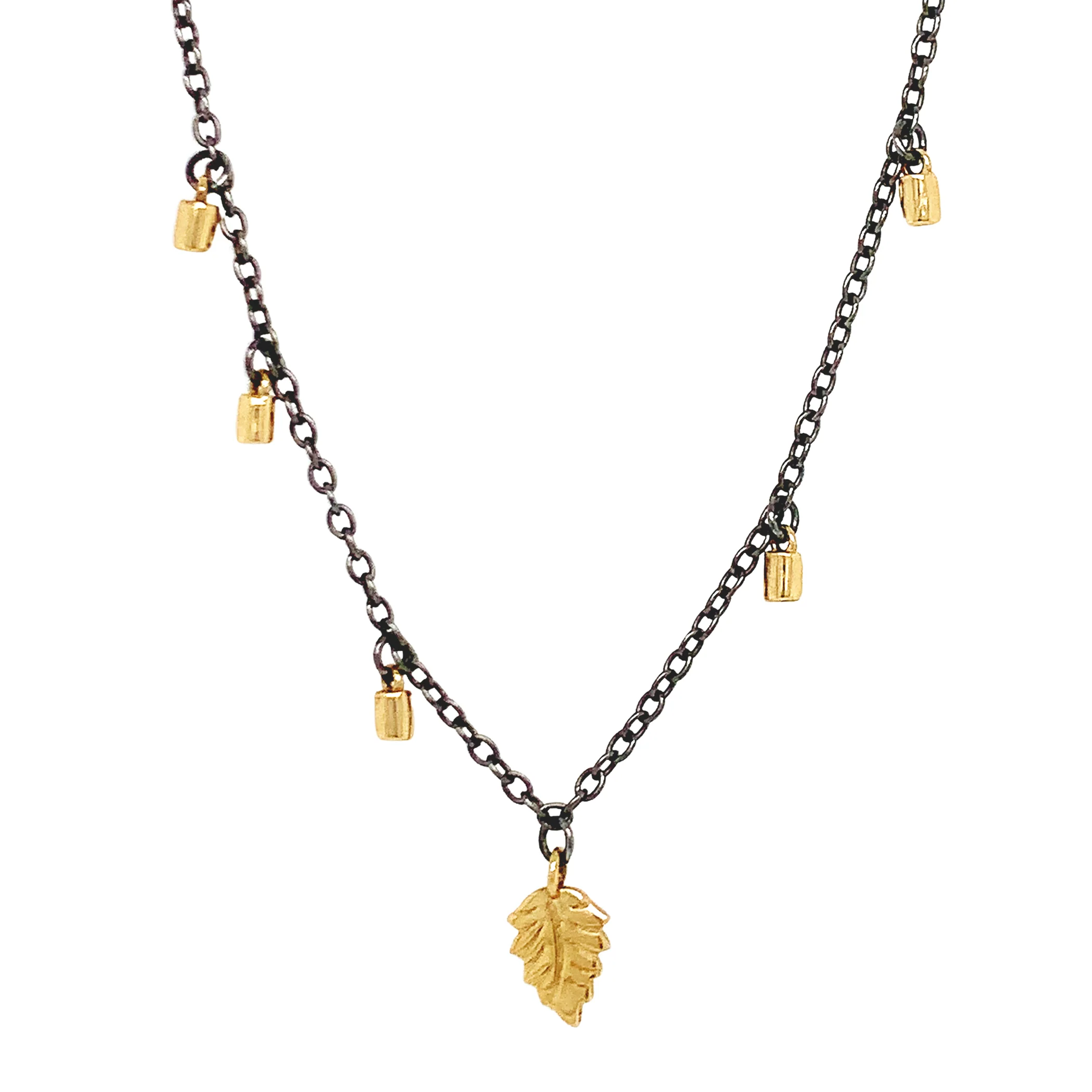 Yellow Gold & Sterling Silver Necklace - "Leaf & Fairy Dust" - Image 4