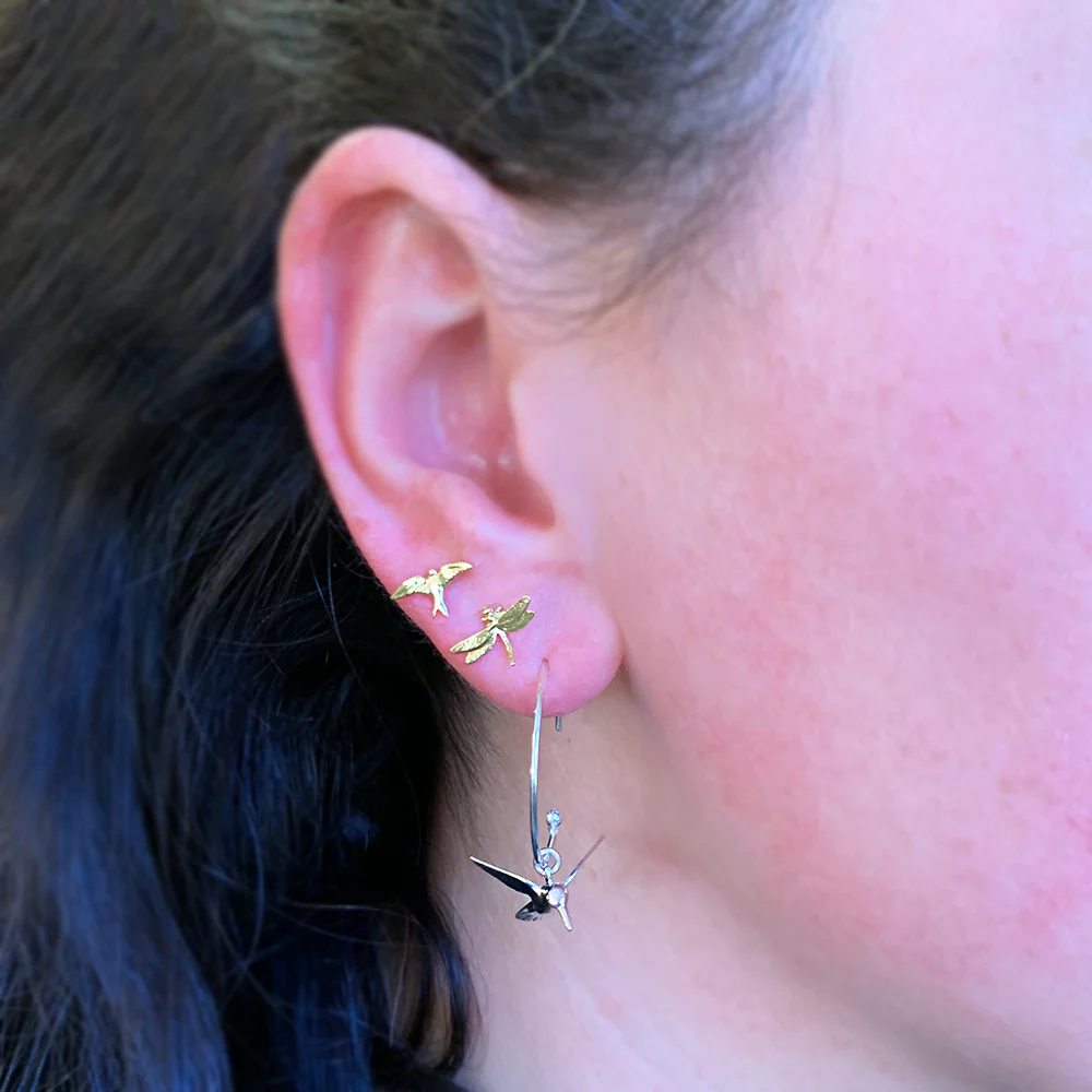 Yellow Gold Stud Earrings - "Teeny Tiny Dragonfly" - Image 3