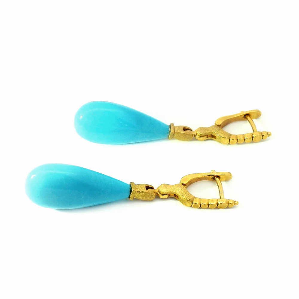 Yellow Gold & Turquoise Drop Earrings - "Sticks & Stones" - Image 2